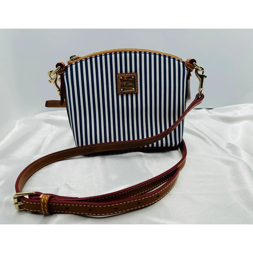 Dooney & Bourke Navy White Striped Coated Cotton Crossbody Bag‎ Leather Trim